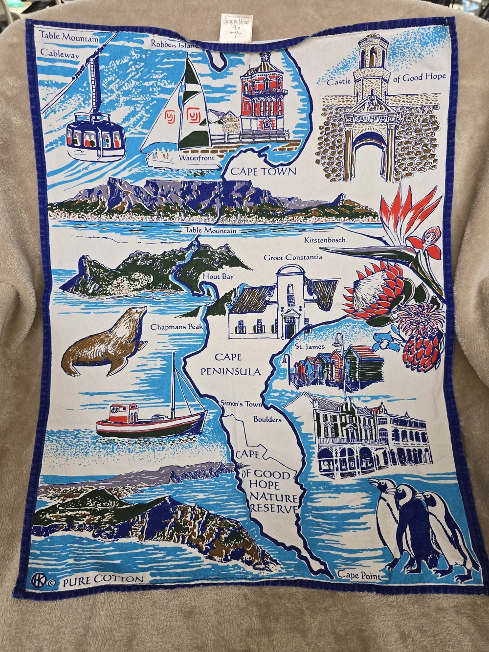 Cape Town Illustrated Cotton Tea Towel - Blue/White
